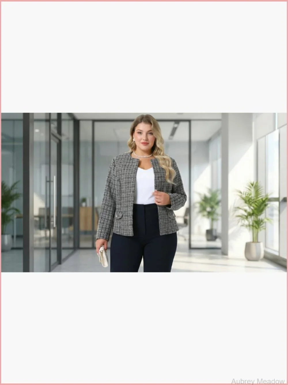 Plus Size Collarless Tweed Blazer Womens Open Front Long Sleeve Work